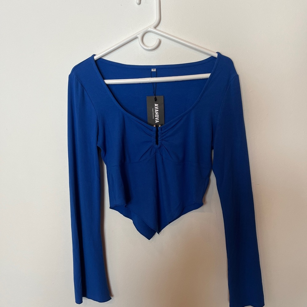 Royal Blue Long Sleeve Ruched Crop Top – Asymmetrical Hem & Square Neckline